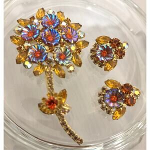 Vintage JULIANA D&E Glow Flower Bead/Orange Rhinestone Flower BROOCH/EARRING SET